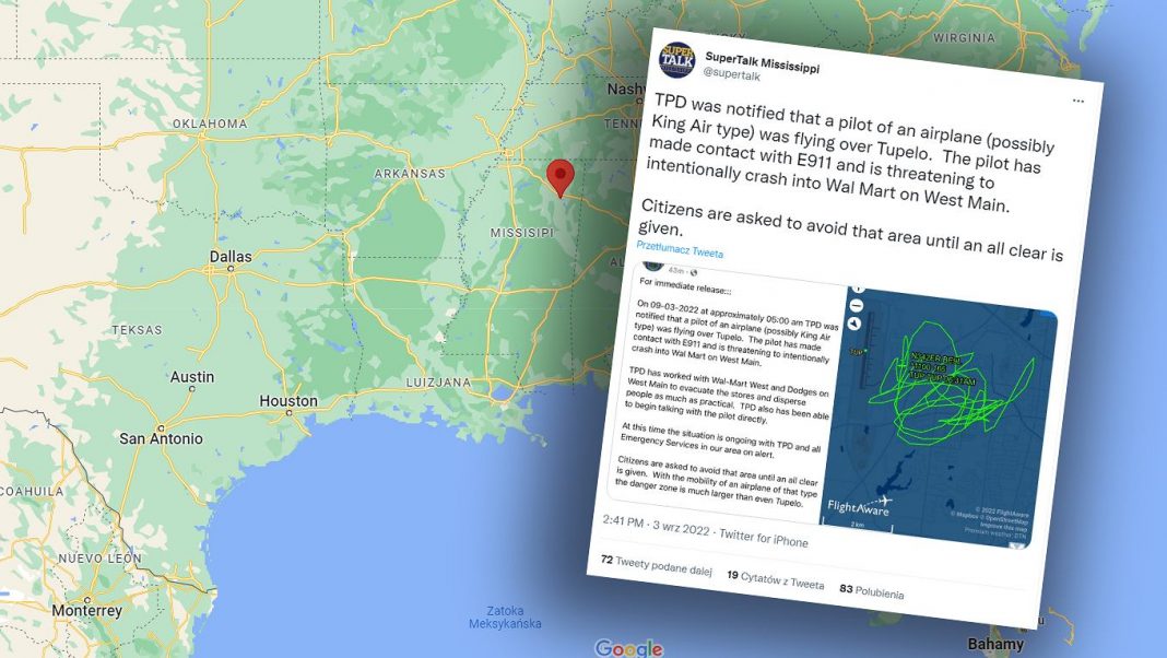  США.  Пілот погрожує розбити літак.  Евакуація жителів Тупело в Міссісіпі
