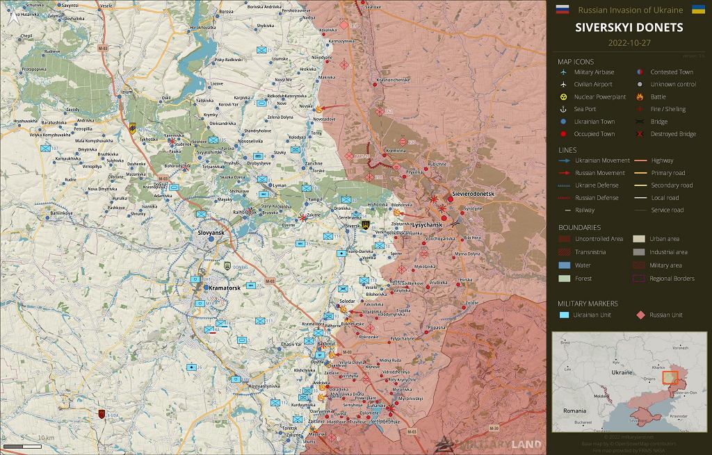 Карта, що показує більшу частину Східного фронту.  Станом на 27 жовтня, таким чином, на північ від Кремінної, яка знаходиться приблизно посередині лінії фронту, немає помітного поточного удару України