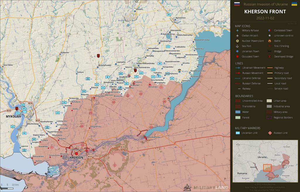 Ход линии фронта в районе Херсоня с начала октября существенно не изменился.
