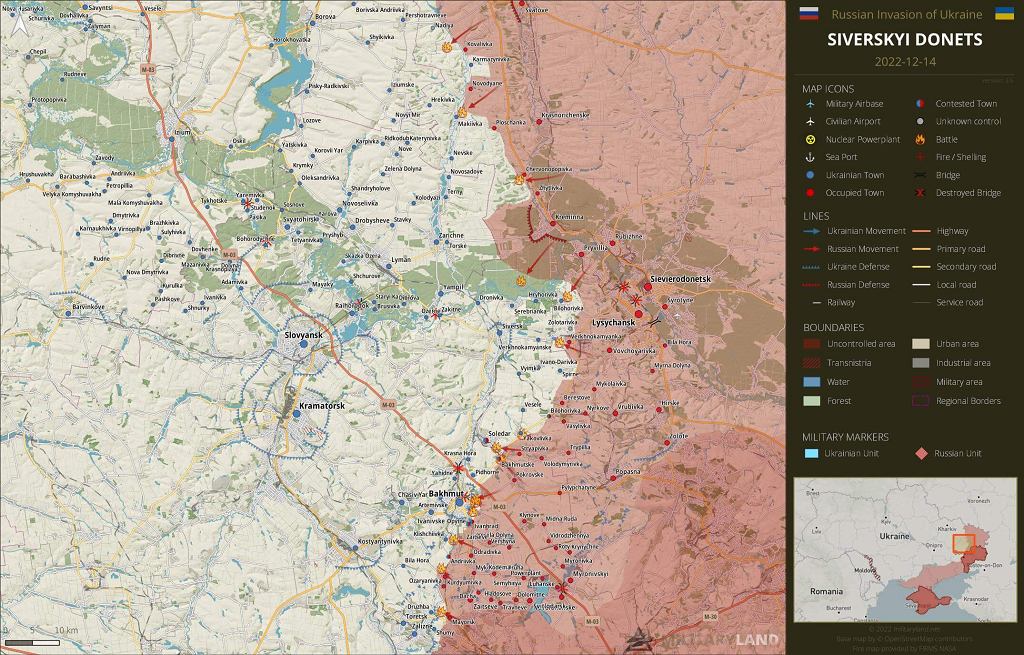 Район бойових дій Кремінне-Бахмут.  Це перше місто можна побачити приблизно посередині карти.