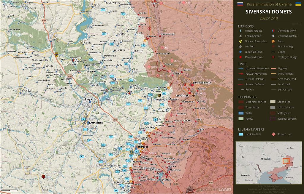 Район Бахмута (нижня частина карти) та Кременного (верхня).  Навколо цього міста можна побачити опуклість фронту