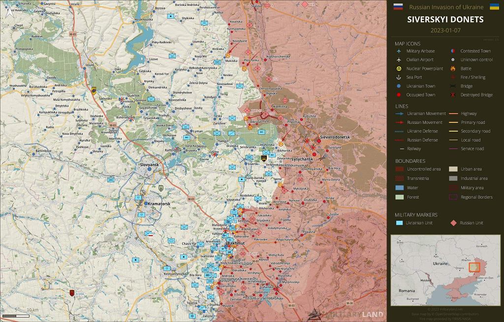 Ситуація на сході Донбасу та в районі Кремінно-Сватового.  Про це свідчить зосередження блакитних значків, які позначають українські бригади, на яких зараз лежить найбільший тягар бойових дій.  Кожен прямокутник означає не цілу бригаду, а її елементи, що ведуть бойові дії, які розкрили самі українці.