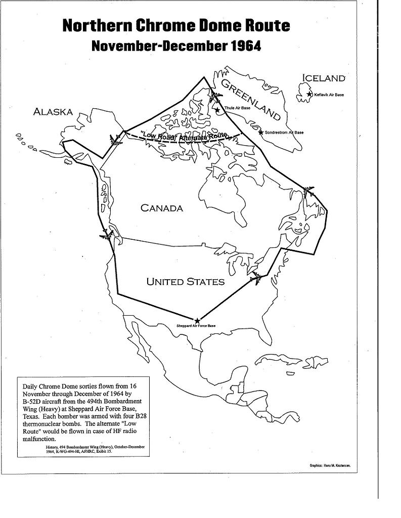 Приклад траєкторії польоту для місії Chrome Dome для бомбардувальників, які злітають з бази в Техасі.  Польоти могли тривати близько доби